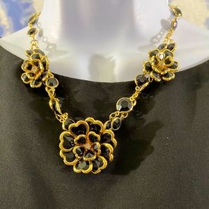 3 Black & Goldtone Flowers on a Black Beads & Goldtone Chain Statement Necklace
